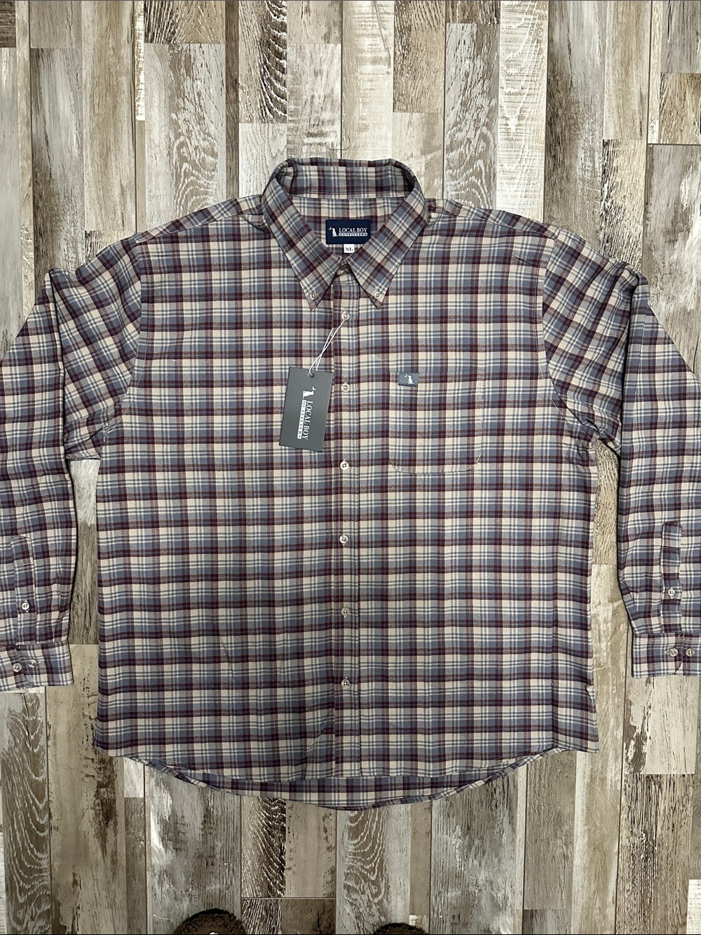Local Boy men’s Gardner Stretch Flannel blue/burgundy/tan button down shirt NWT